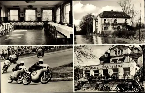 Ak Heinrichsruh Schleiz im Vogtland Thüringen, Hotel und Sommerfrische Luginsland, Motorradrennen