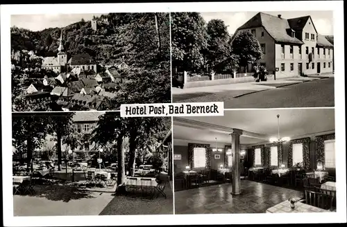 Ak Bad Berneck im Fichtelgebirge Bayern, Hotel Post, Ortsansicht mit Kirche, Terrasse, Speisesaal