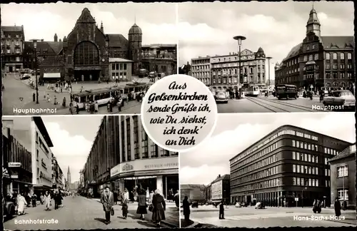 Ak Gelsenkirchen im Ruhrgebiet, Hauptbahnhof, Hauptpost, Bahnhofstraße, Hans Sachs Haus