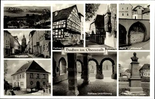 Ak Buchen im Odenwald Baden, Siedlung, Fachwerk, Parie am Klösterle, Museum, Postamt, Denkmal