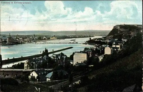 Ak Ehrenbreitstein Koblenz am Rhein, Panorama Koblenz und Ehrenbreitstein