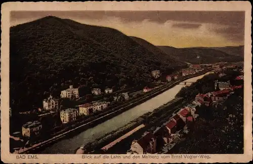 Ak Bad Ems an der Lahn, Blick auf die Lahn und den Malberg vom Ernst-Vogler-Weg