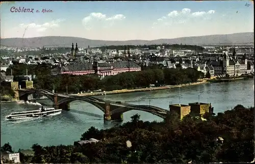 Ak Koblenz am Rhein, Stadtansicht mit Rhein, Brücke, Kirche