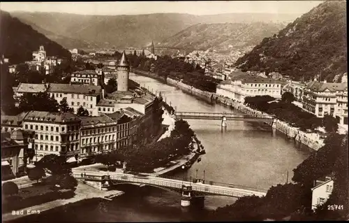 Ak Bad Ems an der Lahn, Ortsansicht mit Brücken und Kirche