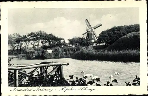 Ak Nordseebad Norderney Ostfriesland, Napoleon-Schanze, Windmühle