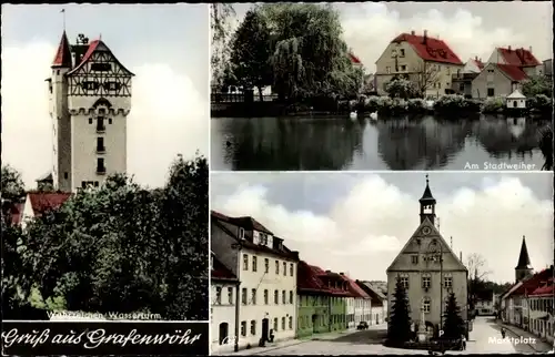 Ak Grafenwöhr in der Oberpfalz Bayern, Wahrzeichen Wasserturm, Am Stadtweiher, Marktplatz