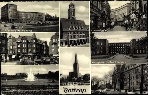 Ak Bottrop im Ruhrgebiet, Stadtgarten, Gymnasium, Hansastraße, Rathaus, Altmarkt, Herz Jesu Kirche