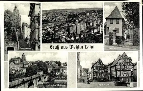 Ak Wetzlar an der Lahn, Gesamtansicht, Lottehaus, Kornmarkt, Lahnbrücke, Domtreppe