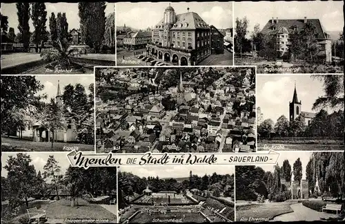 Ak Menden im Sauerland, Am Bahnhof, Rathaus, Ev. Kirche, Am Ehrenmal, Schwimmbad, Kapelle