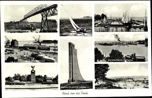 Ak Kiel, Hochbrücke Holtenau, Uboots Denkmal Möltenort, Olympiahafen, Marine Ehrenmal Laboe