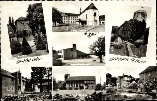 Ak Brüggen am Niederrhein, Burgtor, Kath. Kirche, Burg, Jugendherberge. Mühle