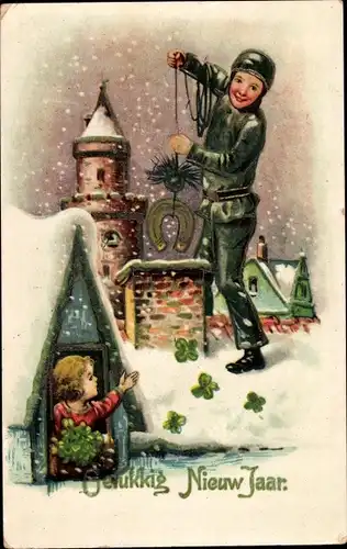 Ak Glückwunsch Neujahr, Kinder, Schornsteinfeger, Hufeisen, Glücksklee