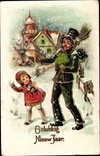 Ak Glückwunsch Neujahr, Mädchen, Schornsteinfeger, Hufeisen, Glücksklee, Schneeball