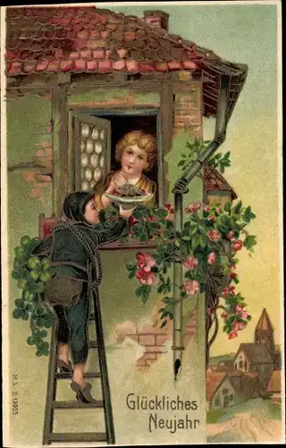 Präge Ak Glückwunsch Neujahr, Schornsteinfeger, Glücksklee, Liebespaar
