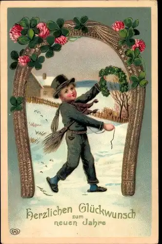 Ak Glückwunsch Neujahr, Schornsteinfeger, Glücksklee, Hufeisen