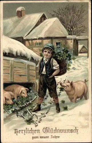 Präge Ak Glückwunsch Neujahr, Kind füttert Schweine, Glücksklee