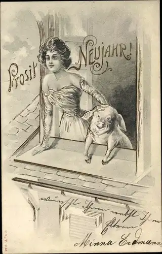 Präge Litho Glückwunsch Neujahr, Frau und Schwein auf dem Balkon