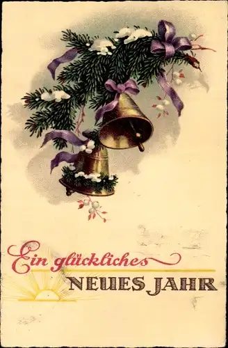 Ak Glückwunsch Neujahr, Glocken, Schleifen, Tannenzweige