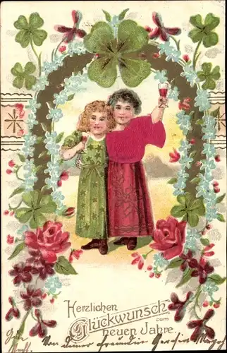 Präge Litho Glückwunsch Neujahr, Kinder, Glücksklee, Rosen, Vergissmeinnicht, Veilchen