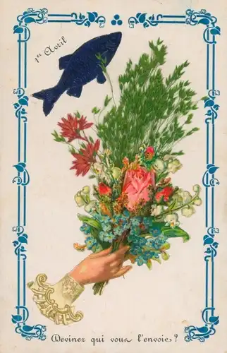Stoff Ak Glückwunsch 1. April, Frauenhand, Blumenstrauß, Fisch, Vergissmeinnicht