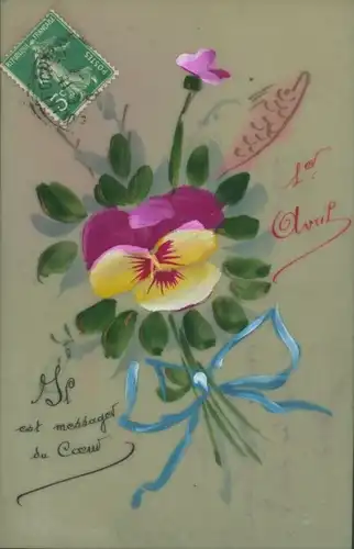 Zelluloid Ak Glückwunsch 1. April, Stiefmütterchen, Blaue Schleife