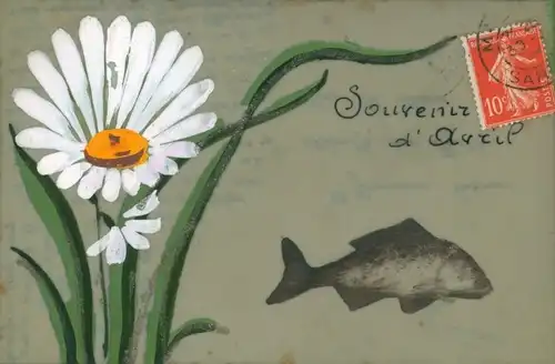 Zelluloid Ak Glückwunsch 1. April, Fisch, Margerite