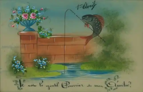 Zelluloid Ak Glückwunsch 1. April, Fisch beim Angeln, Vergissmeinnicht