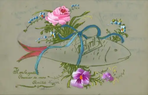 Zelluloid Ak Glückwunsch 1. April, Fisch, Rose, Vergissmeinnicht, Stiefmütterchen