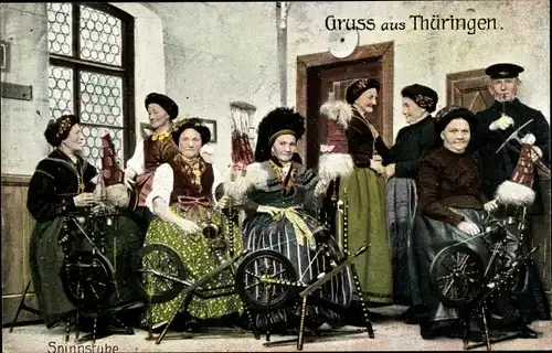 Ak Gruß aus Thüringen, Frauen an Spinnrädern, Traditionelle Trachten