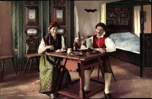 Ak Lauensteiner Trachtenbilder, Bei der Mahlzeit, Trachten Erzgebirge