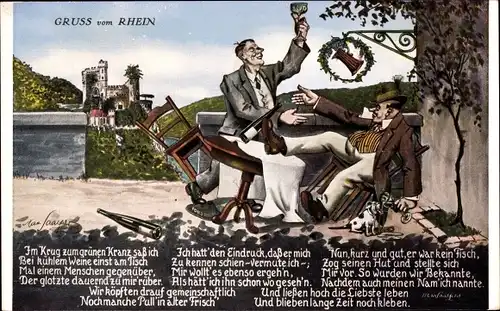 Künstler Ak Gruß vom Rhein, Gedicht, betrunkene Herren am Gasthaus