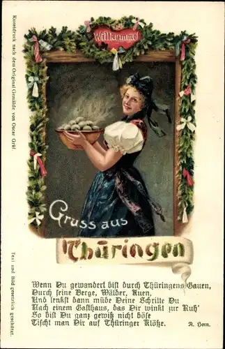 Ak Tracht aus dem Vogtland, Willkumme, Frau mit Klößen