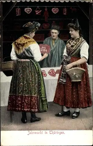 Ak Jahrmarkt in Thüringen, Frauen in Tracht am Stand
