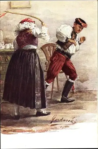 Künstler Ak Gardarike, Tracht, verärgerte Frau peitscht nach Mann