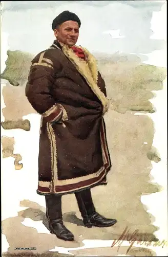 Künstler Ak Gardavska, M., Männerportrait, Mantel, Tracht