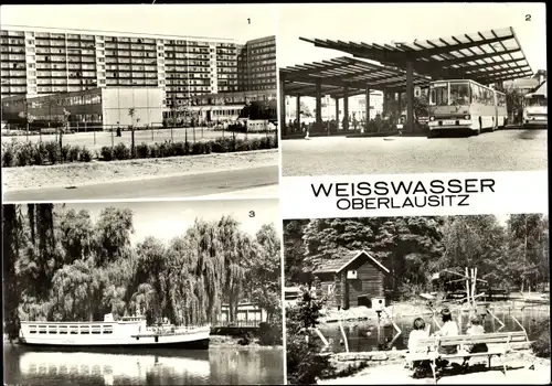Ak Weißwasser in der Oberlausitz, Wohnkomplex am Wasserturm, Busbahnhof, Schiffbar, Jahnsteich