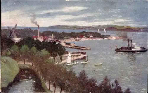 Künstler Ak Dänemark, Kleiner Belt, Windmühle, Hafen, Dampfer