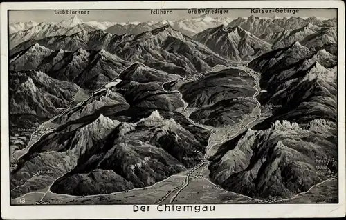 Landkarten Ak Der Chiemgau, Panorama, Kaisergebirge, Fellhorn, Groß Venediger, Groß Glockner, Orte