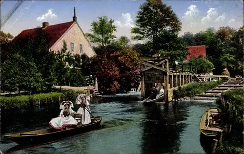 Ak Spreewald, Schleuse Kannomühle, Volkstrachten, Spreewaldkahn