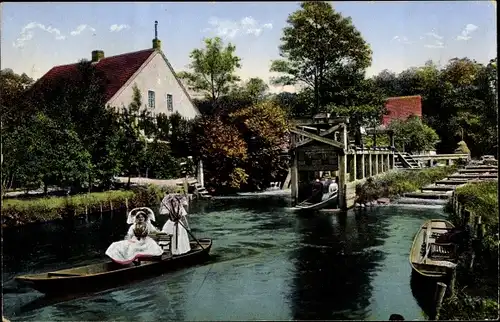 Ak Spreewald, Schleuse Kannomühle, Volkstrachten, Spreewaldkahn