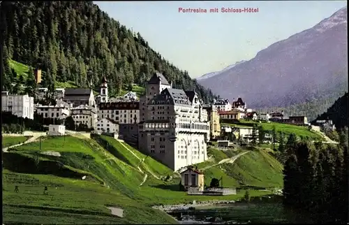 Ak Pontresina Kanton Graubünden Schweiz, Panorama mit Schloss Hotel