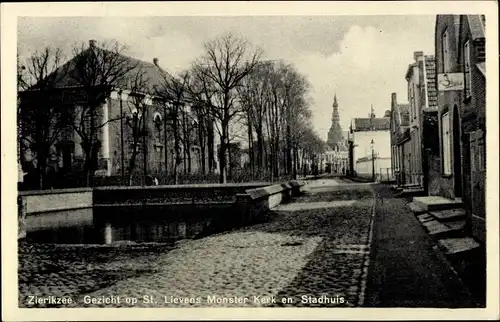 Ak Zierikzee Zeeland, Gezicht op St. Lievens Monster Kerk en Stadhuis