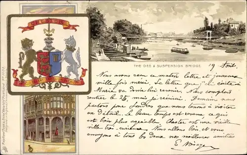 Wappen Litho Chester Cheshire England, The Dee, Suspension Bridge