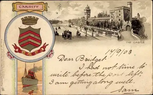 Wappen Litho Cardiff Wales, The Castle, Schiff