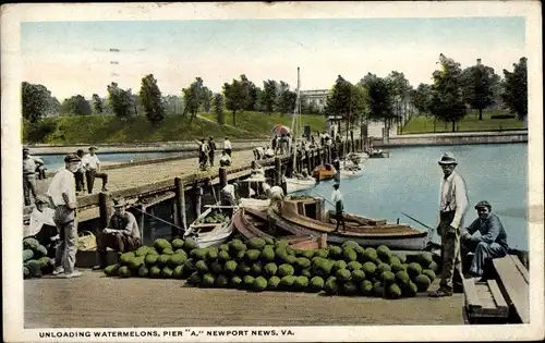 Ak Newport News Virginia USA, Unloading Watermelons, Pier