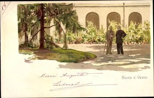 Künstler Litho Schriftsteller Arrigo Boito und Komponist Giuseppe Verdi