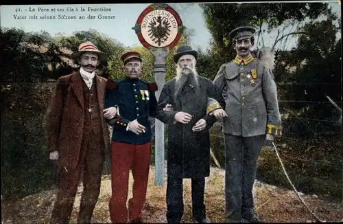 Ak Le Pere et ses fils a la Frontiere, Deutsch Französische Grenze, Soldaten