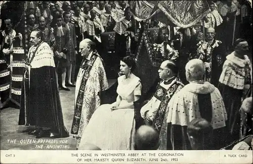 Ak Queen prepares for the Anointing, Corontation of her Majesty Queen Elizabeth, Westminster Abbey