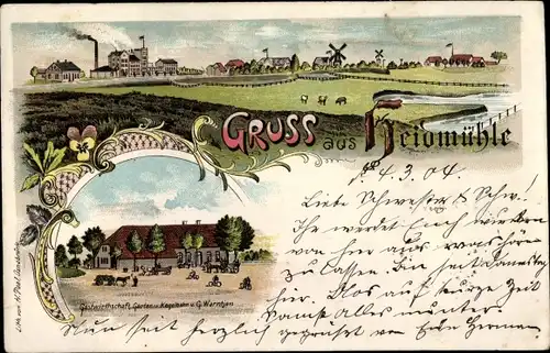 Litho Heidmühle Schortens in Friesland, Gastwirtschaft, Blick auf den Ort, Windmühlen