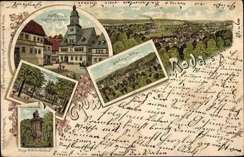 Litho Roda Stadtroda in Thüringen, Villa, Rathaus, Gasthof zum Bären, Kaiser Wilhelm Denkmal